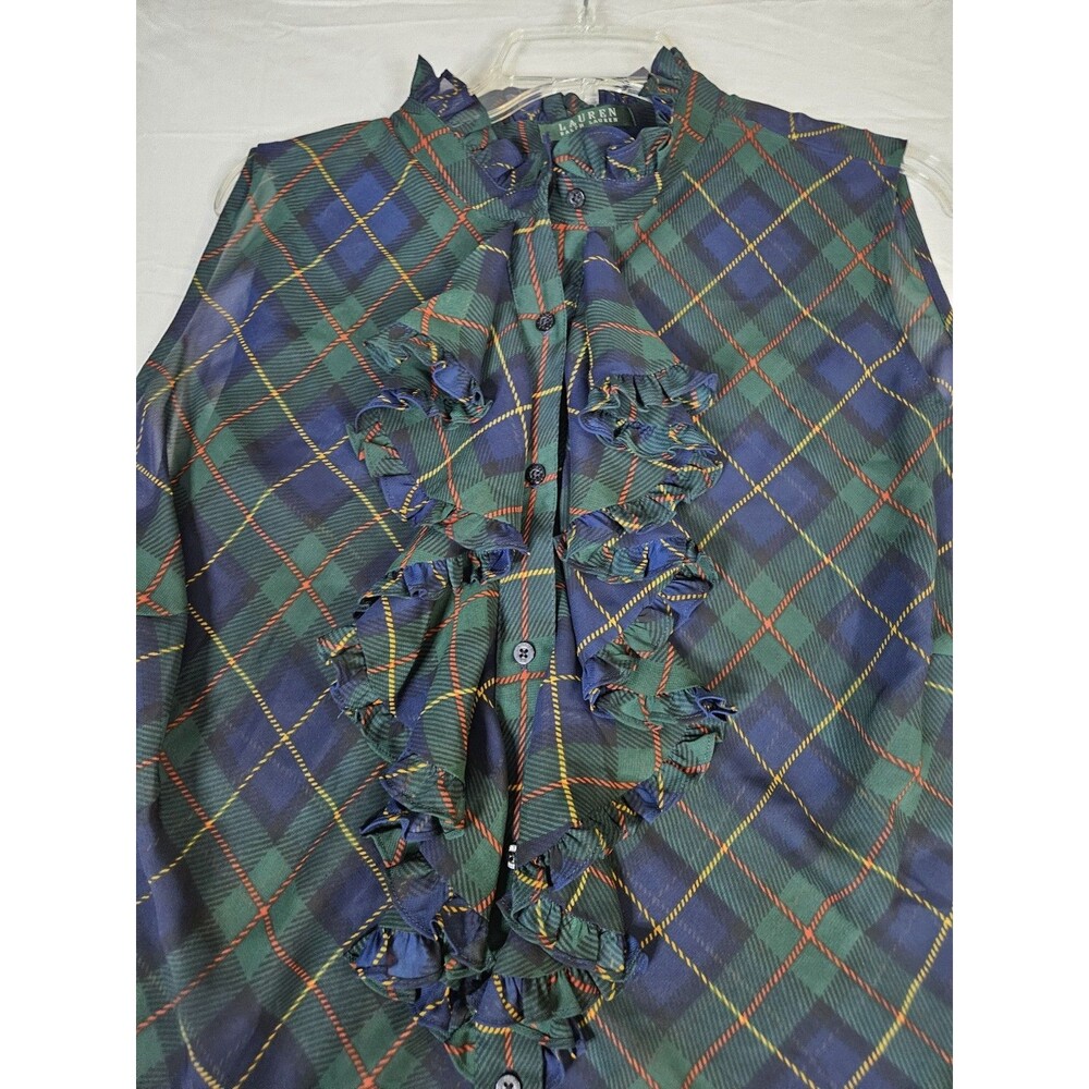 LAUREN RALPH LAUREN Shirt Women's 3X Green Tartan Plaid Ruffle Sheer Button LRL - Picture 8 of 13